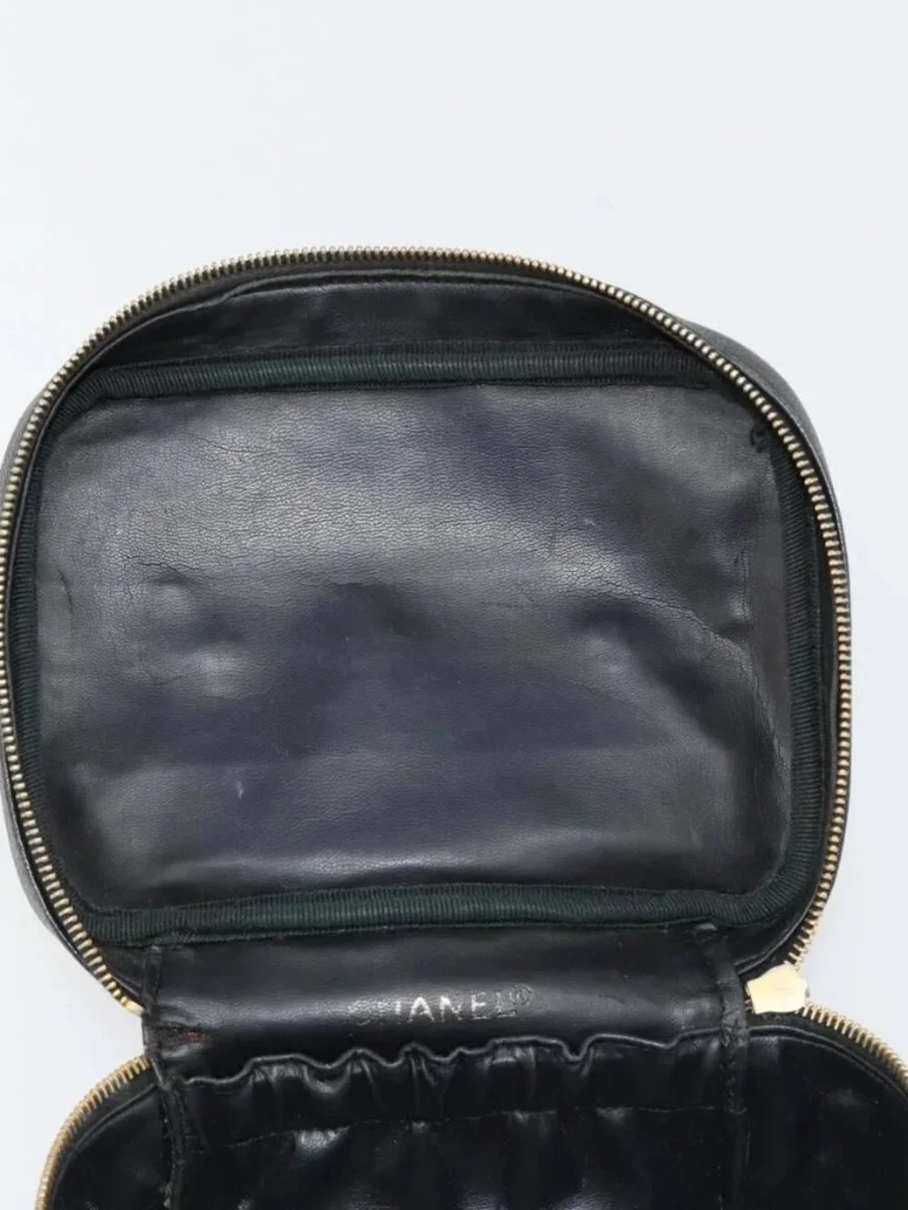 CHANEL Vanity Hand Bag Grained Calf Skin Black Gold CC Auth 176421